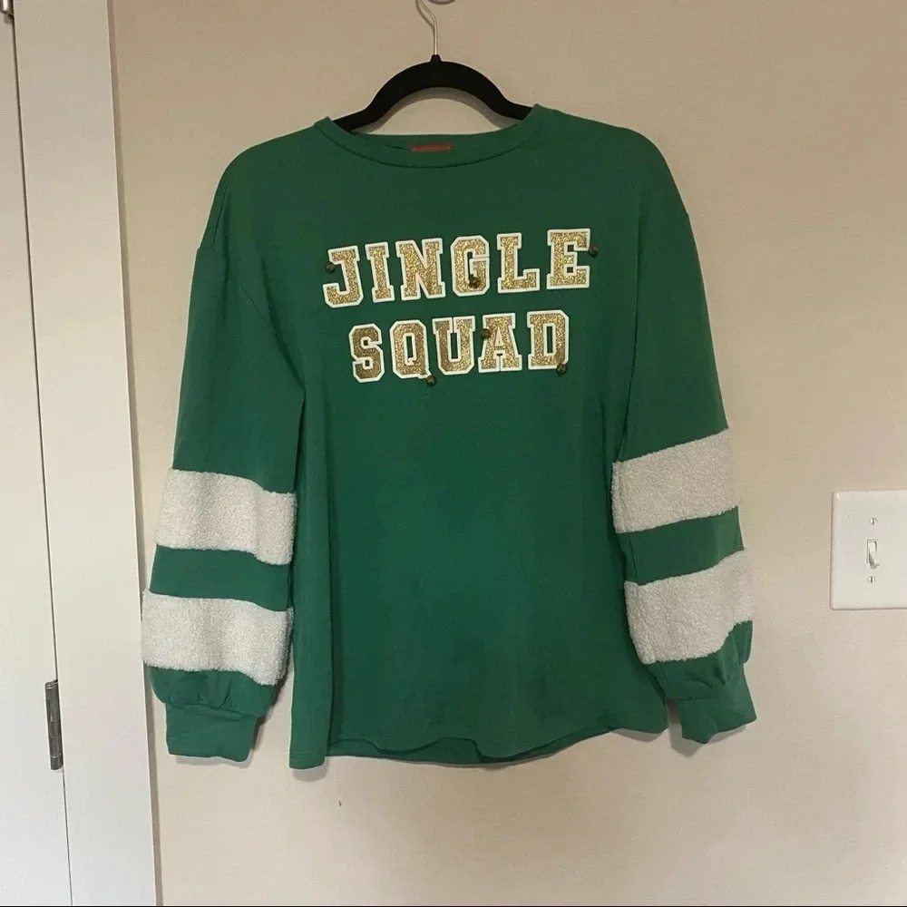 Joyland Green Christmas Holiday Pullover Sweater “Jingle Squad” With Real Bells - Picture 11 of 12